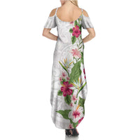 Hawaii Tropical Flowers Summer Maxi Dress Polynesian Tattoo White