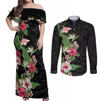 Hawaii Tropical Flowers Couples Matching Off Shoulder Maxi Dress and Long Sleeve Button Shirt Polynesian Tattoo Black LT05 Black - Polynesian Pride