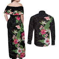 Hawaii Tropical Flowers Couples Matching Off Shoulder Maxi Dress and Long Sleeve Button Shirt Polynesian Tattoo Black LT05 - Polynesian Pride
