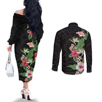 Hawaii Tropical Flowers Couples Matching Off The Shoulder Long Sleeve Dress and Long Sleeve Button Shirt Polynesian Tattoo Black