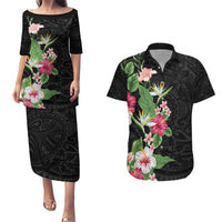 Hawaii Tropical Flowers Couples Matching Puletasi and Hawaiian Shirt Polynesian Tattoo Black LT05 Black - Polynesian Pride