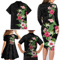 Hawaii Tropical Flowers Family Matching Long Sleeve Bodycon Dress and Hawaiian Shirt Polynesian Tattoo Black