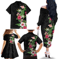 Hawaii Tropical Flowers Family Matching Off The Shoulder Long Sleeve Dress and Hawaiian Shirt Polynesian Tattoo Black