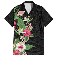 Hawaii Tropical Flowers Family Matching Short Sleeve Bodycon Dress and Hawaiian Shirt Polynesian Tattoo Black LT05 Dad's Shirt - Short Sleeve Black - Polynesian Pride