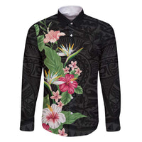Hawaii Tropical Flowers Family Matching Short Sleeve Bodycon Dress and Hawaiian Shirt Polynesian Tattoo Black LT05 Dad's Shirt - Long Sleeve Black - Polynesian Pride