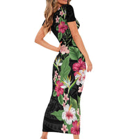Hawaii Tropical Flowers Family Matching Short Sleeve Bodycon Dress and Hawaiian Shirt Polynesian Tattoo Black LT05 - Polynesian Pride