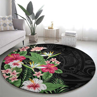 Hawaii Tropical Flowers Round Carpet Polynesian Tattoo Black