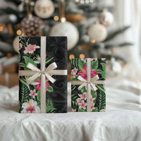 Hawaii Tropical Flowers Wrapping Paper Polynesian Tattoo Black - Polynesian Pride