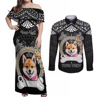 Personalized Shiba Inu Dog Couples Matching Off Shoulder Maxi Dress and Long Sleeve Button Shirts With Polynesian Heart Name Tags LT05 Black - Polynesian Pride