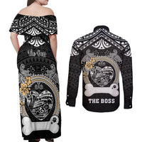 Personalized Shiba Inu Dog Couples Matching Off Shoulder Maxi Dress and Long Sleeve Button Shirts With Polynesian Heart Name Tags LT05 - Polynesian Pride