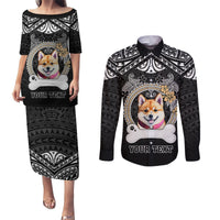 Personalized Shiba Inu Dog Couples Matching Puletasi Dress and Long Sleeve Button Shirts With Polynesian Heart Name Tags LT05 Black - Polynesian Pride