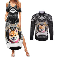 Personalized Shiba Inu Dog Couples Matching Summer Maxi Dress and Long Sleeve Button Shirts With Polynesian Heart Name Tags LT05 Black - Polynesian Pride
