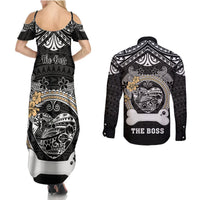 Personalized Shiba Inu Dog Couples Matching Summer Maxi Dress and Long Sleeve Button Shirts With Polynesian Heart Name Tags LT05 - Polynesian Pride