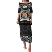 Personalized Shiba Inu Dog Family Matching Puletasi Dress and Hawaiian Shirt With Polynesian Heart Name Tags LT05 Mom's Dress Black - Polynesian Pride