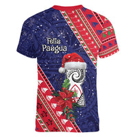 Guam Christmas Women V-Neck T-Shirt Felis Nabidat Guaman Seal With Poinsettia