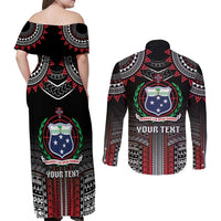 Personalised Samoa Black Saturday Couples Matching Off Shoulder Maxi Dress and Long Sleeve Button Shirt Samoan Warrior Tribal Pattern