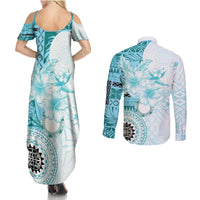 Samoa Siapo Pattern With Teal Hibiscus Couples Matching Summer Maxi Dress and Long Sleeve Button Shirt LT05 - Polynesian Pride