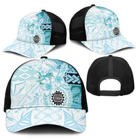 Samoa Siapo Pattern With Teal Hibiscus Mesh Trucker Cap LT05 - Polynesian Pride