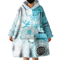 Samoa Siapo Pattern With Teal Hibiscus Wearable Blanket Hoodie LT05 - Polynesian Pride