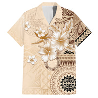 Samoa Siapo Pattern With Beige Hibiscus Family Matching Off Shoulder Long Sleeve Dress and Hawaiian Shirt LT05 Dad's Shirt - Short Sleeve Beige - Polynesian Pride