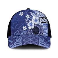 Samoa Siapo Pattern With Navy Hibiscus Mesh Trucker Cap - Polynesian Pride