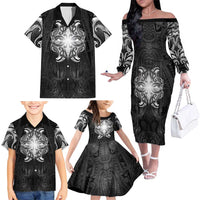 New Zealand Matariki Family Matching Off The Shoulder Long Sleeve Dress and Hawaiian Shirt Maori Moko Black Galaxy LT05 - Polynesian Pride