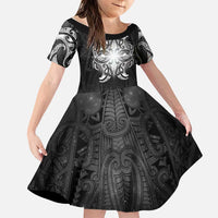 New Zealand Matariki Family Matching Off Shoulder Short Dress and Hawaiian Shirt Maori Moko Black Galaxy LT05 Daughter's Dress Black - Polynesian Pride