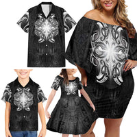 New Zealand Matariki Family Matching Off Shoulder Short Dress and Hawaiian Shirt Maori Moko Black Galaxy LT05 - Polynesian Pride