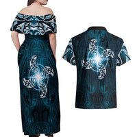 New Zealand Matariki Waita Couples Matching Off Shoulder Maxi Dress and Hawaiian Shirt Maori Moko Dark Blue Galaxy LT05 - Polynesian Pride