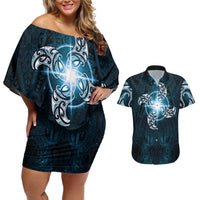 New Zealand Matariki Waita Couples Matching Off Shoulder Short Dress and Hawaiian Shirt Maori Moko Dark Blue Galaxy LT05 Blue - Polynesian Pride