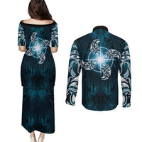 New Zealand Matariki Waita Couples Matching Puletasi and Long Sleeve Button Shirt Maori Moko Dark Blue Galaxy