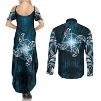 New Zealand Matariki Waita Couples Matching Summer Maxi Dress and Long Sleeve Button Shirt Maori Moko Dark Blue Galaxy