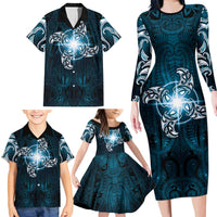 New Zealand Matariki Waita Family Matching Long Sleeve Bodycon Dress and Hawaiian Shirt Maori Moko Dark Blue Galaxy LT05 - Polynesian Pride