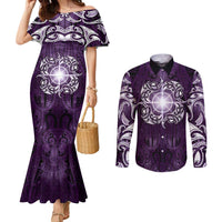 New Zealand Matariki Waipunarangi Couples Matching Mermaid Dress and Long Sleeve Button Shirt Maori Moko Purple Galaxy LT05 Purple - Polynesian Pride