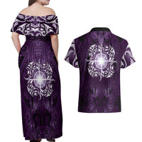 New Zealand Matariki Waipunarangi Couples Matching Off Shoulder Maxi Dress and Hawaiian Shirt Maori Moko Purple Galaxy LT05 - Polynesian Pride