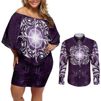 New Zealand Matariki Waipunarangi Couples Matching Off Shoulder Short Dress and Long Sleeve Button Shirt Maori Moko Purple Galaxy LT05 Purple - Polynesian Pride