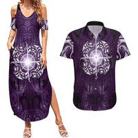New Zealand Matariki Waipunarangi Couples Matching Summer Maxi Dress and Hawaiian Shirt Maori Moko Purple Galaxy LT05 Purple - Polynesian Pride