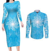 New Zealand Matariki Waiti Couples Matching Long Sleeve Bodycon Dress and Long Sleeve Button Shirt Maori Moko Cyan Galaxy LT05 Cyan - Polynesian Pride