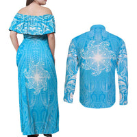 New Zealand Matariki Waiti Couples Matching Off Shoulder Maxi Dress and Long Sleeve Button Shirt Maori Moko Cyan Galaxy