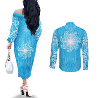 New Zealand Matariki Waiti Couples Matching Off The Shoulder Long Sleeve Dress and Long Sleeve Button Shirt Maori Moko Cyan Galaxy LT05 - Polynesian Pride