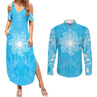 New Zealand Matariki Waiti Couples Matching Summer Maxi Dress and Long Sleeve Button Shirt Maori Moko Cyan Galaxy