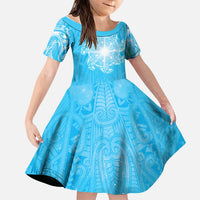 New Zealand Matariki Waiti Family Matching Off Shoulder Maxi Dress and Hawaiian Shirt Maori Moko Cyan Galaxy LT05 Daughter's Dress Cyan - Polynesian Pride