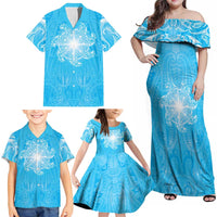 New Zealand Matariki Waiti Family Matching Off Shoulder Maxi Dress and Hawaiian Shirt Maori Moko Cyan Galaxy LT05 - Polynesian Pride
