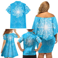 New Zealand Matariki Waiti Family Matching Off Shoulder Short Dress and Hawaiian Shirt Maori Moko Cyan Galaxy LT05 - Polynesian Pride