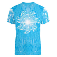 New Zealand Matariki Waiti Women V-Neck T-Shirt Maori Moko Cyan Galaxy LT05 - Polynesian Pride