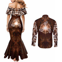 New Zealand Matariki Tupuanuku Couples Matching Mermaid Dress and Long Sleeve Button Shirt Maori Moko Brown Galaxy LT05 - Polynesian Pride