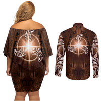 New Zealand Matariki Tupuanuku Couples Matching Off Shoulder Short Dress and Long Sleeve Button Shirt Maori Moko Brown Galaxy LT05 - Polynesian Pride