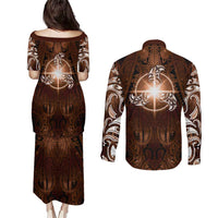 New Zealand Matariki Tupuanuku Couples Matching Puletasi and Long Sleeve Button Shirt Maori Moko Brown Galaxy LT05 - Polynesian Pride