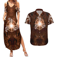 New Zealand Matariki Tupuanuku Couples Matching Summer Maxi Dress and Hawaiian Shirt Maori Moko Brown Galaxy LT05 Brown - Polynesian Pride