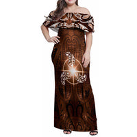 New Zealand Matariki Tupuanuku Family Matching Off Shoulder Maxi Dress and Hawaiian Shirt Maori Moko Brown Galaxy LT05 Mom's Dress Brown - Polynesian Pride